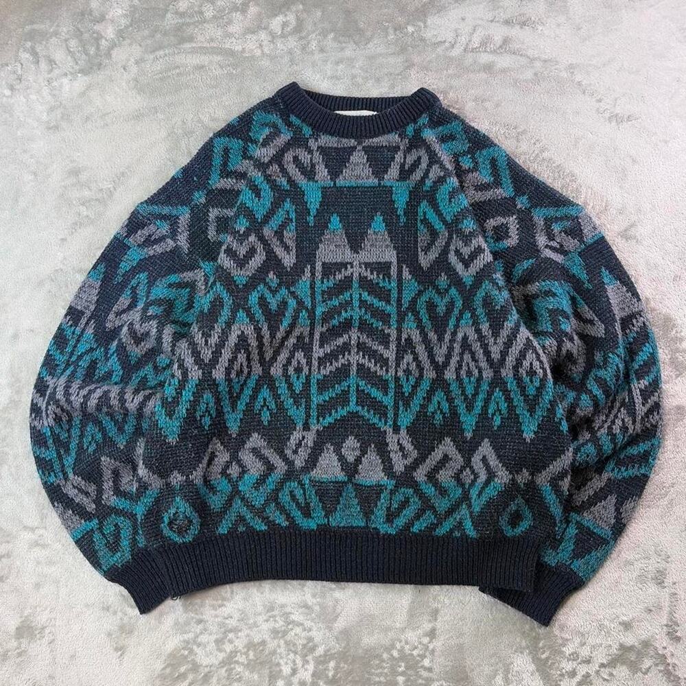 Vintage McGregor Abstract Knit Sweater Men’s Large Teal Gray Geometric 90s